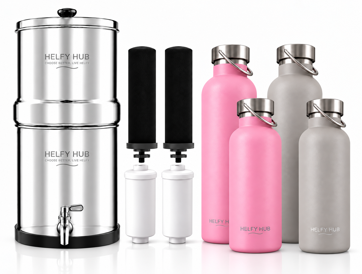 Helfy Family Hydration Bundle with updated centered-tap 8.5L gravity water filter, filter cartridges and insulated bottles