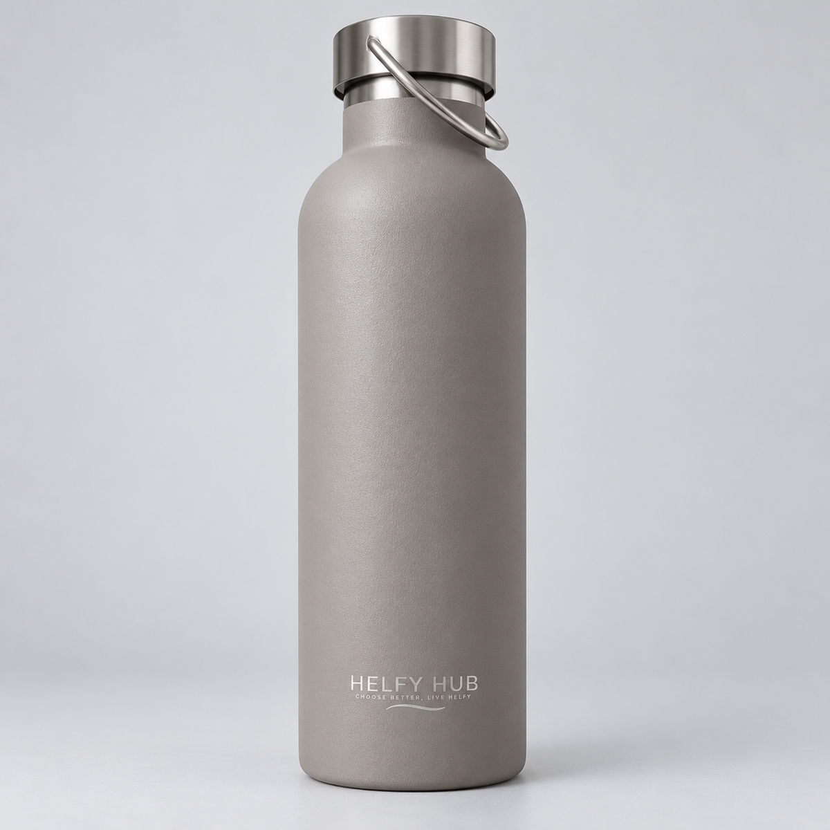 Helfy Hub insulated water bottle in Grey with Helfy Hub logo