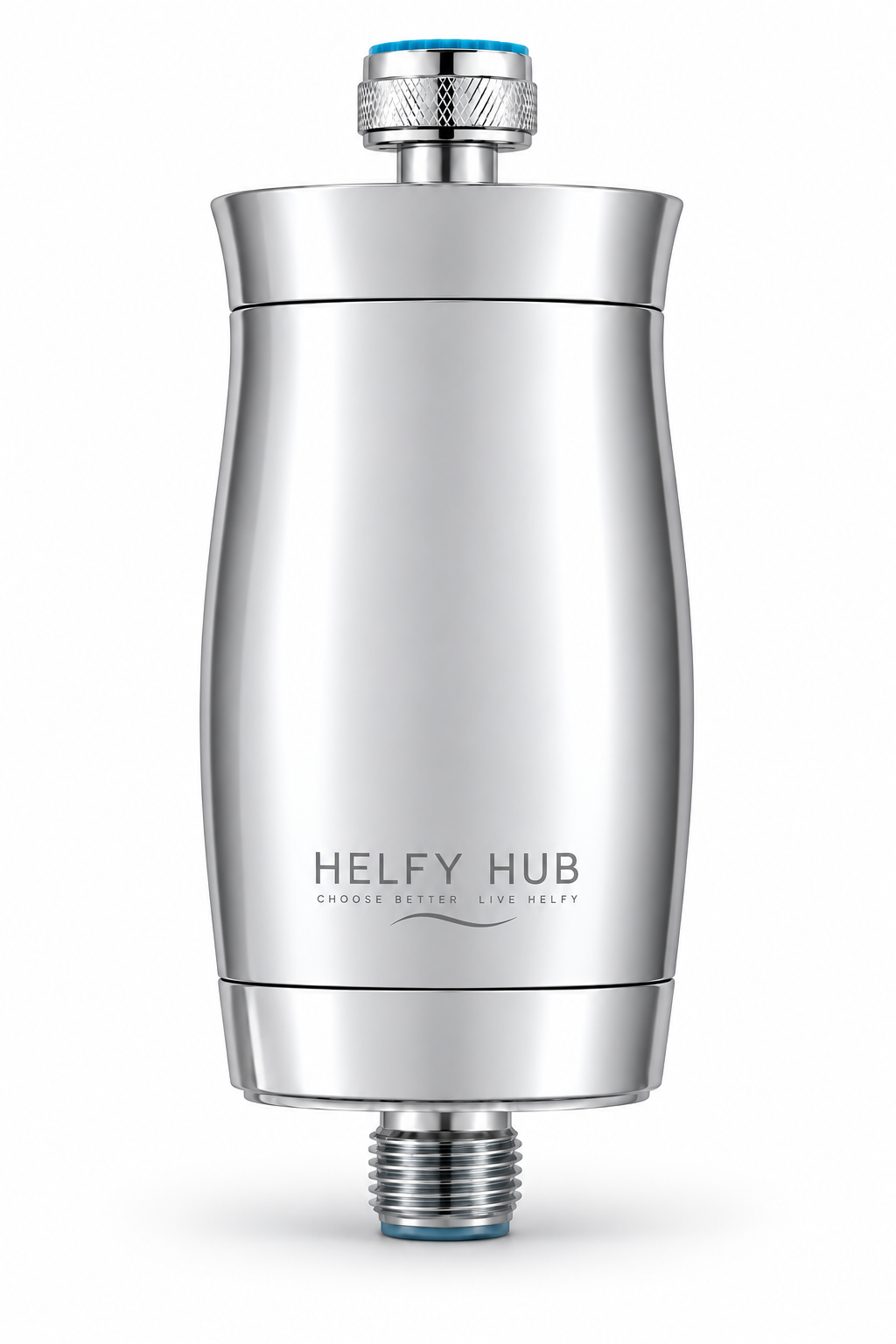 Helfy Hub polished shower filter housing with blue accent and 15-stage cartridge