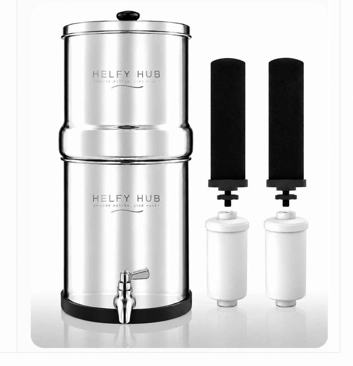 Helfy Hub 8.5L stainless-steel gravity water filter with updated silver logo and right-wing tap handle