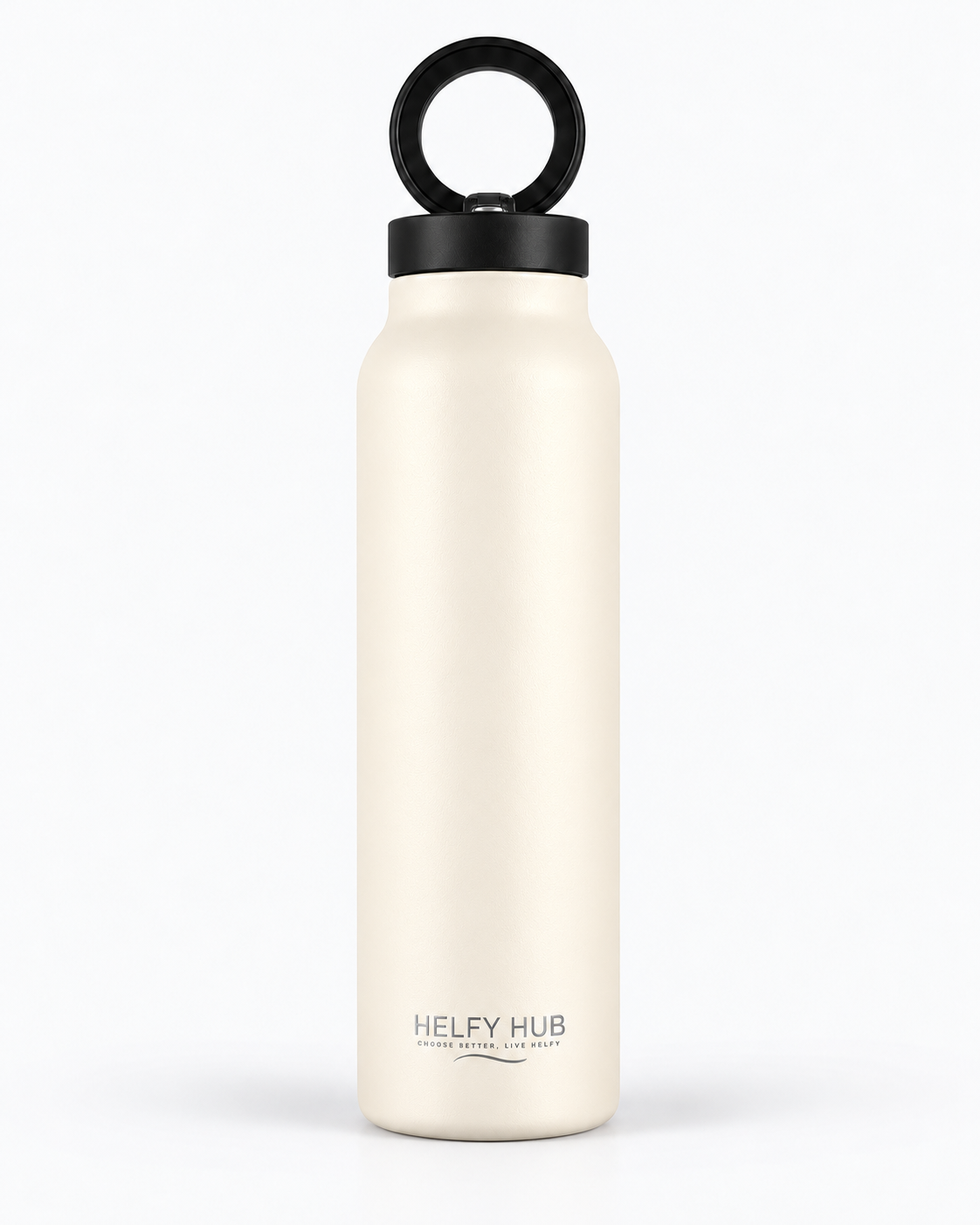 Helfy Hub MagSafe compatible 750ml stainless steel gym flask in Cream with Helfy Hub logo