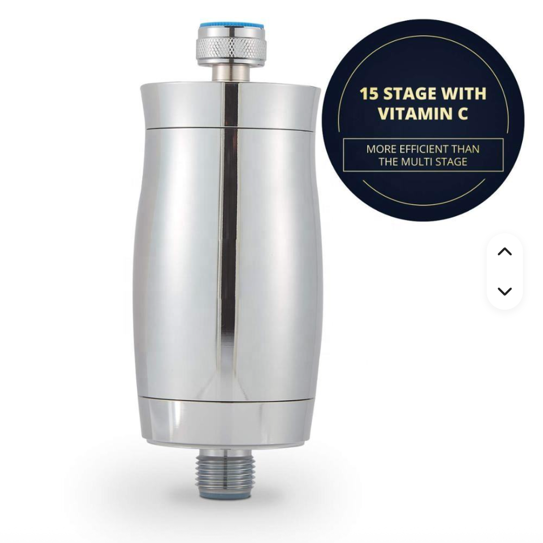 Polished silver-tone shower filter housing